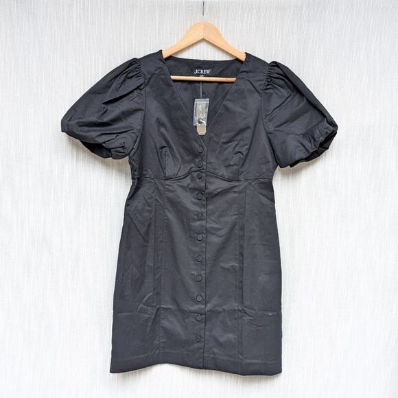 NWT J.Crew Black Cotton Button-front Puff-sleeve Mini Dress BP874, size 10 - Picture 2 of 11